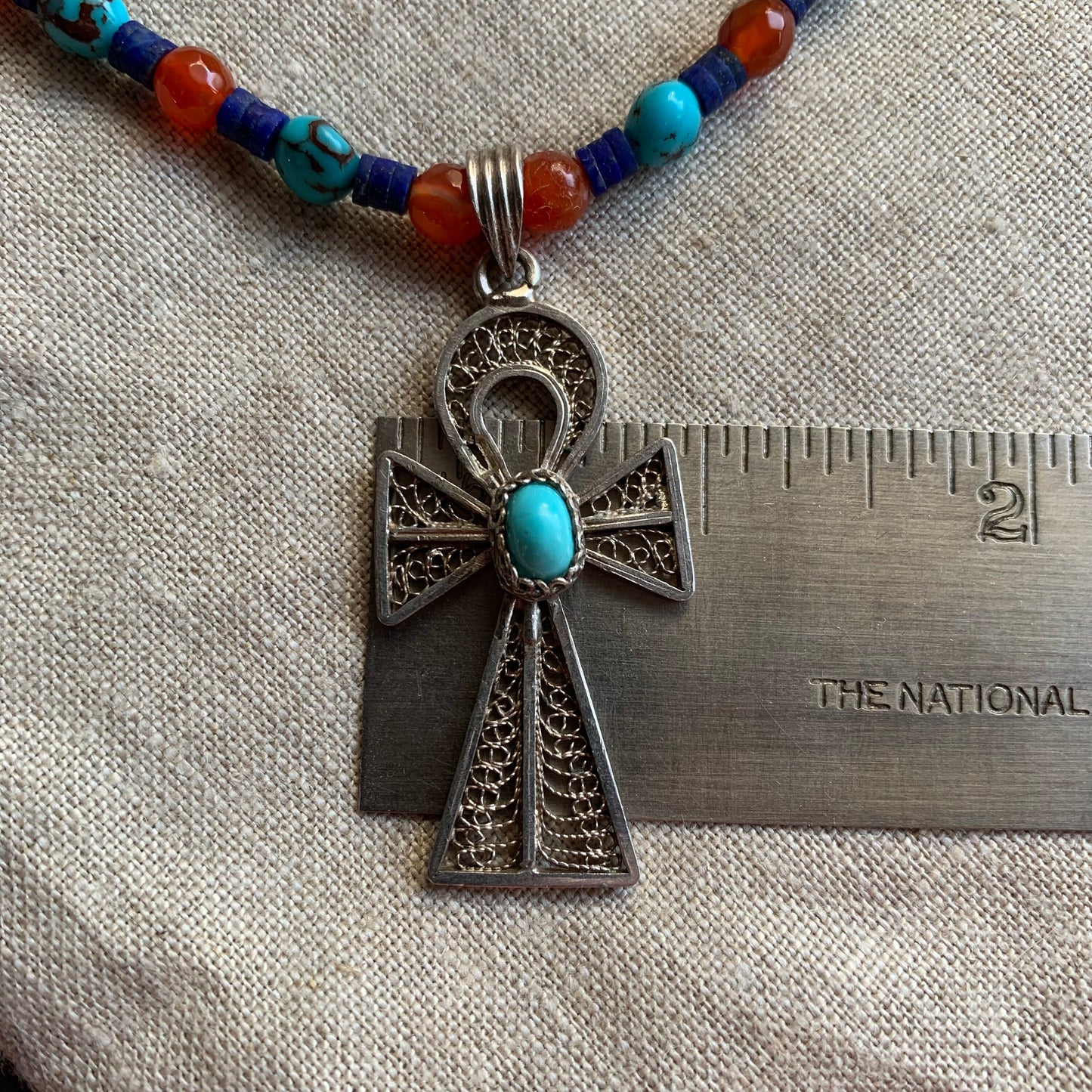 necklace "Life Renewed" Vintage Silver Ankh, Egyptian Turquoise, Afghan Lapis, Carnelian, Egyptian style, Bohemian jewelry, Gender Neutral