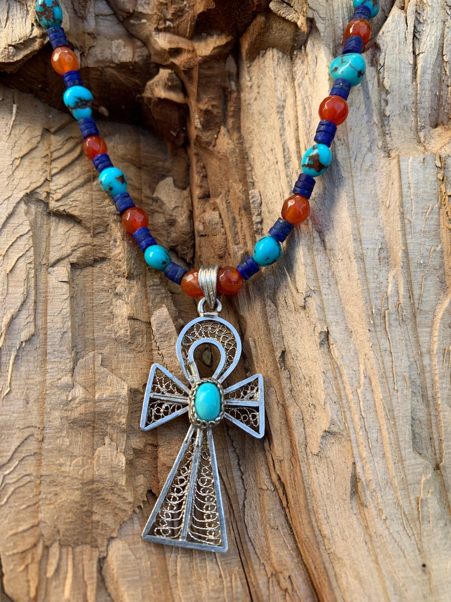 necklace "Life Renewed" Vintage Silver Ankh, Egyptian Turquoise, Afghan Lapis, Carnelian, Egyptian style, Bohemian jewelry, Gender Neutral