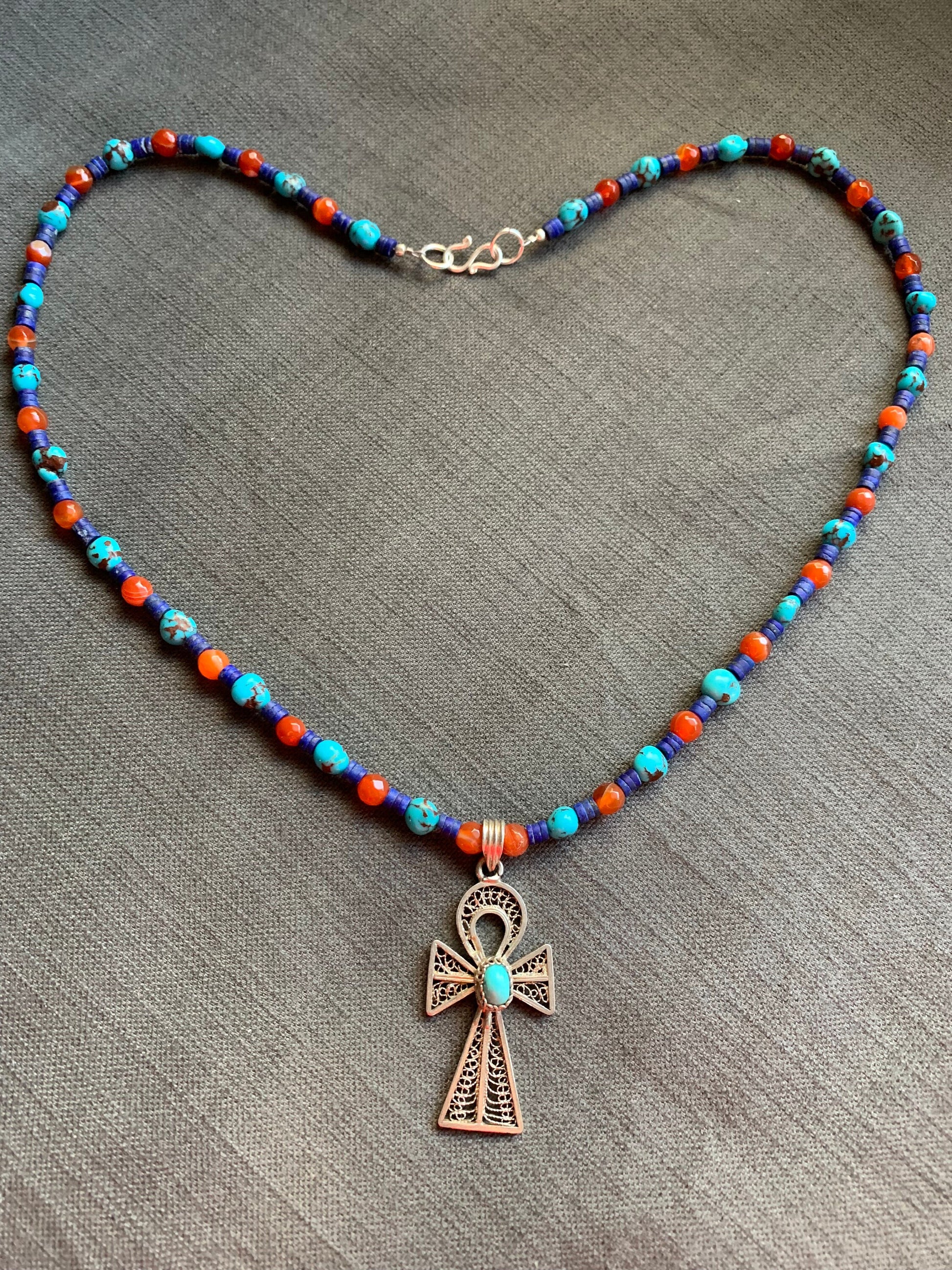 necklace "Life Renewed" Vintage Silver Ankh, Egyptian Turquoise, Afghan Lapis, Carnelian, Egyptian style, Bohemian jewelry, Gender Neutral