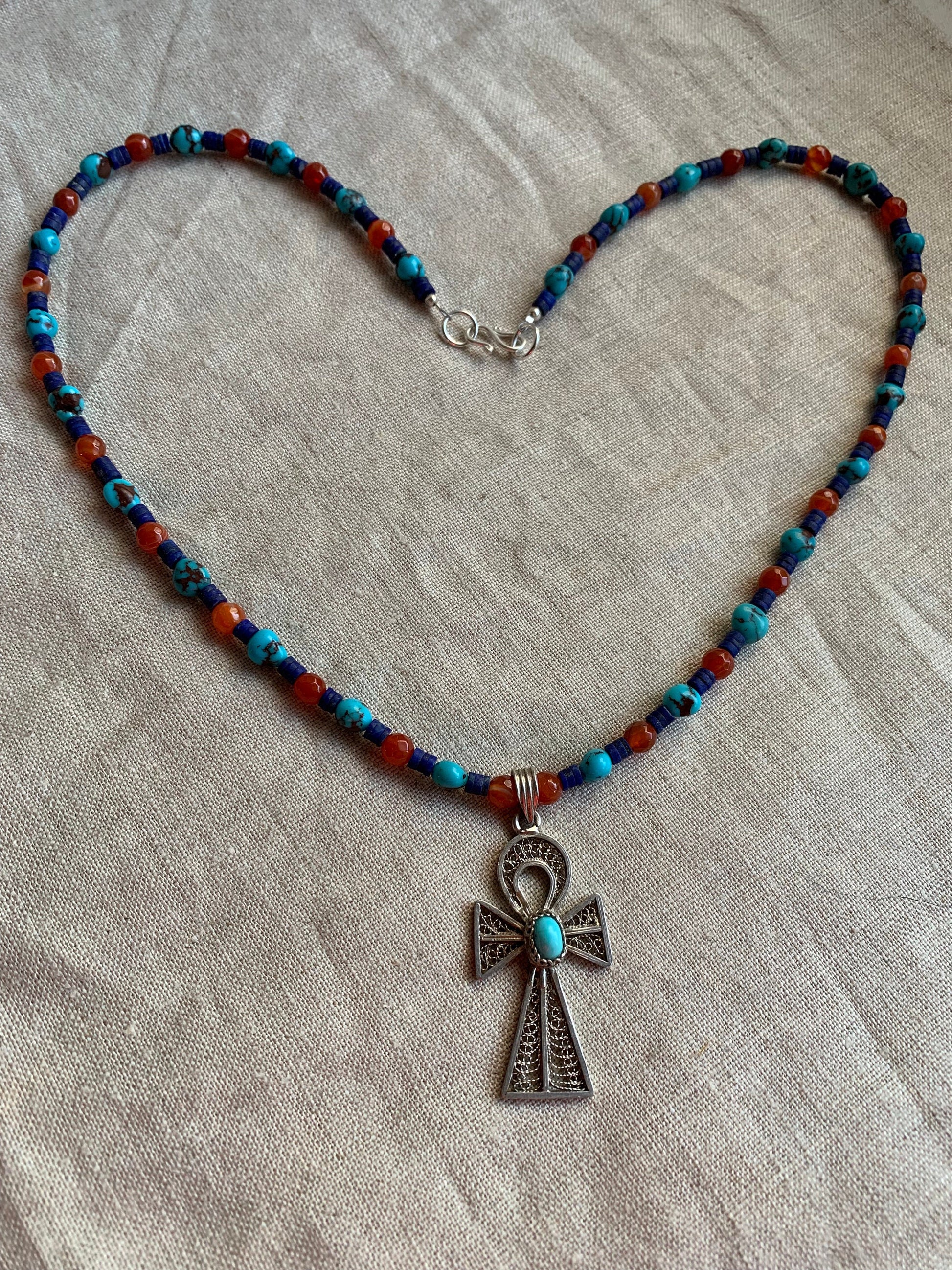 necklace "Life Renewed" Vintage Silver Ankh, Egyptian Turquoise, Afghan Lapis, Carnelian, Egyptian style, Bohemian jewelry, Gender Neutral