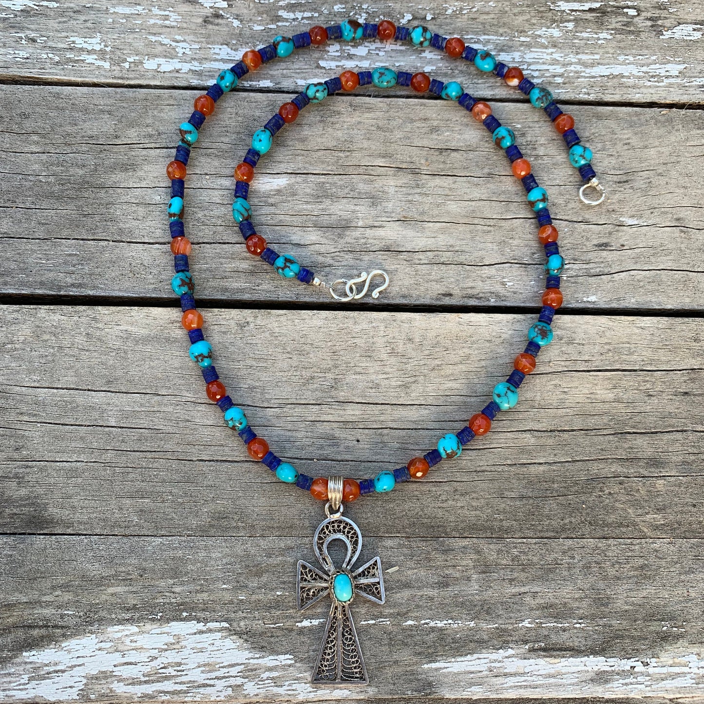 necklace "Life Renewed" Vintage Silver Ankh, Egyptian Turquoise, Afghan Lapis, Carnelian, Egyptian style, Bohemian jewelry, Gender Neutral