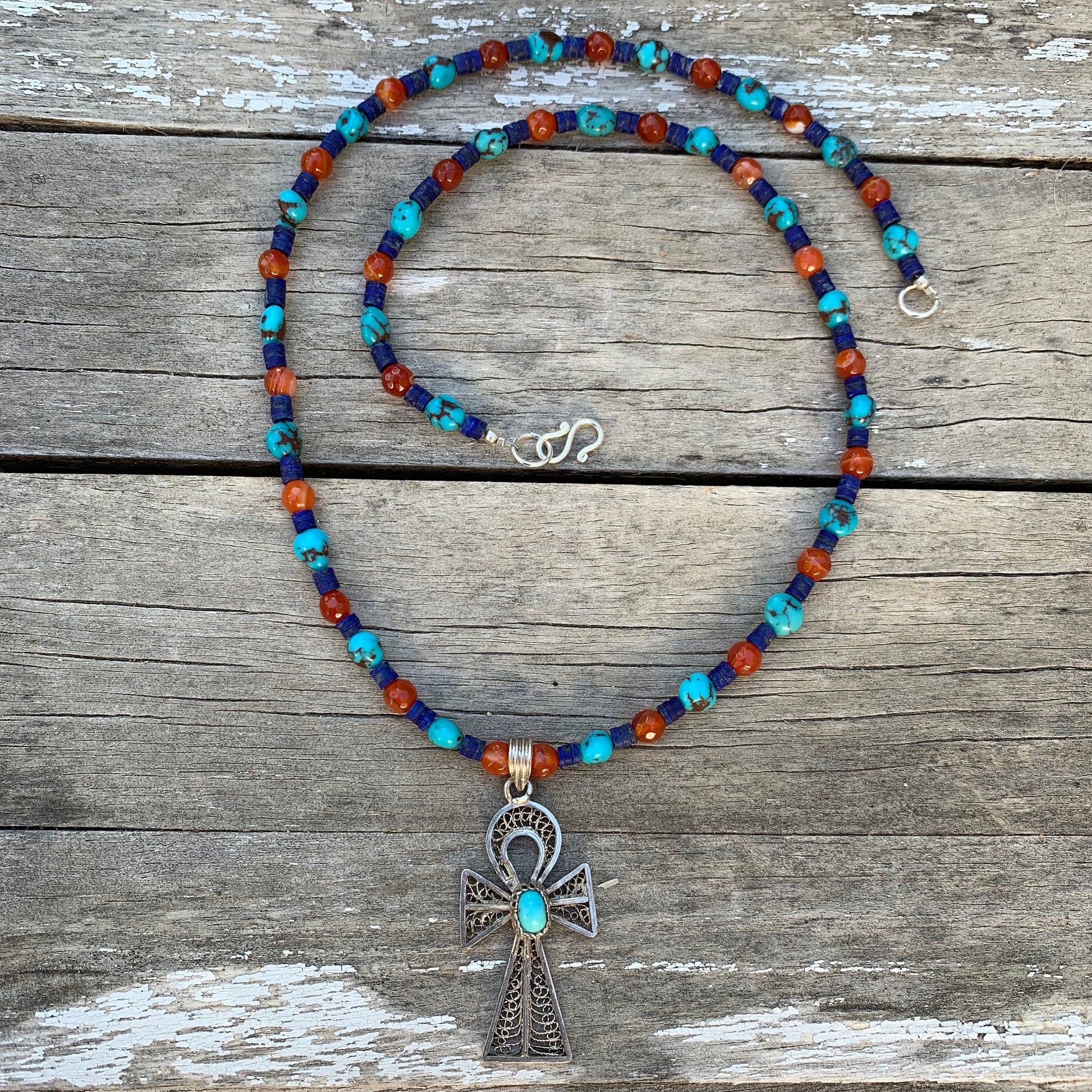 necklace "Life Renewed" Vintage Silver Ankh, Egyptian Turquoise, Afghan Lapis, Carnelian, Egyptian style, Bohemian jewelry, Gender Neutral