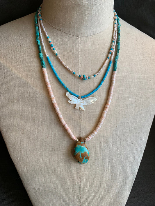 necklace "Freedom" Multi-strand necklace, Turquoise, MOP Bird of Prey, Shell heishi, Boho Style, Gender Neutral, Southwest Series, Reiki