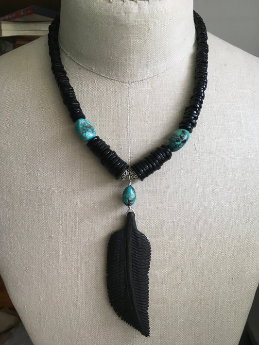 necklace "Raven" Carved Bog Oak Feather, Graduated Jet, Turquoise, Statement Piece, Goddess jewelry, Gender neutral, Reiki charged