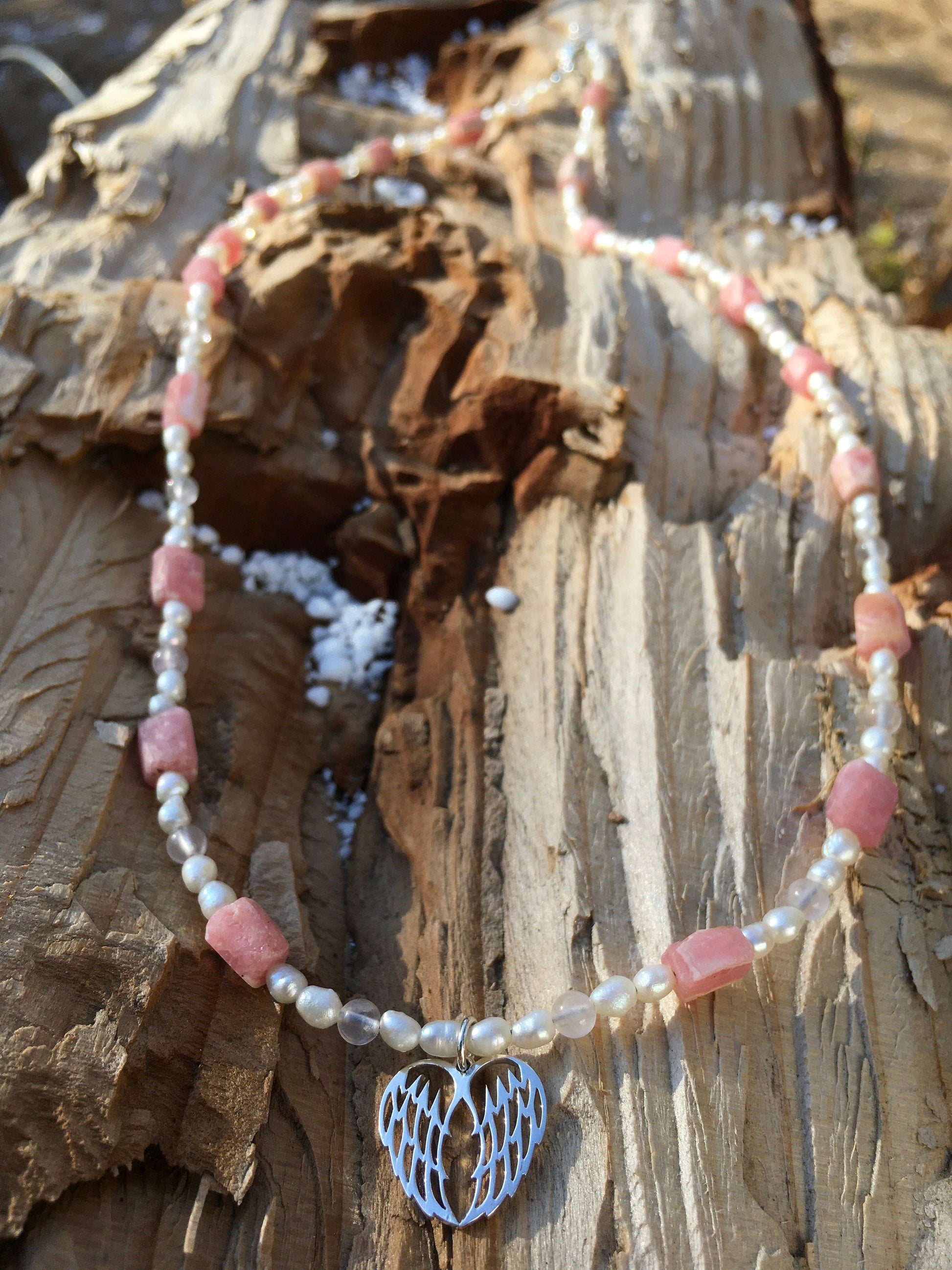 necklace "Littlest Angel" Sterling Wings, Rhodochrosite, Freshwater Pearls, Rose Quartz, Angel jewelry, Guardian Angel, Reiki Charged