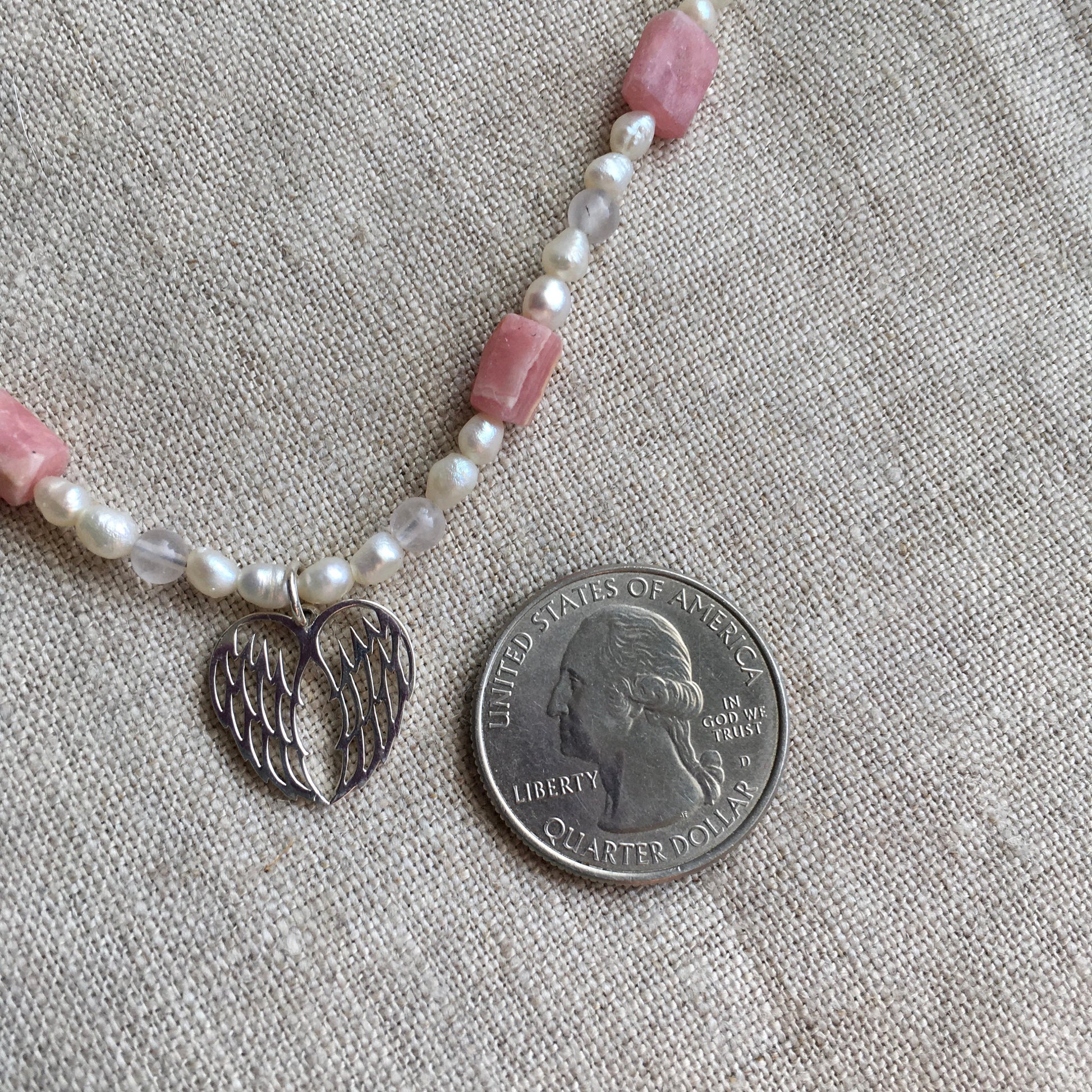 necklace "Littlest Angel" Sterling Wings, Rhodochrosite, Freshwater Pearls, Rose Quartz, Angel jewelry, Guardian Angel, Reiki Charged