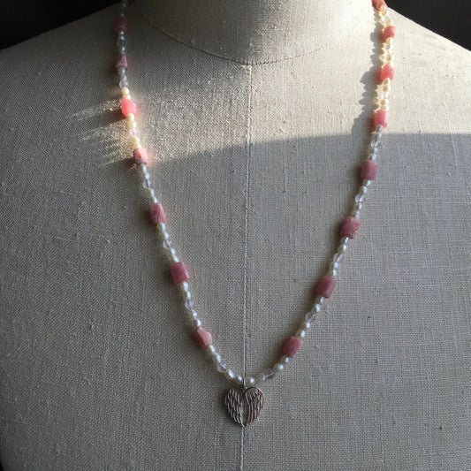 necklace "Littlest Angel" Sterling Wings, Rhodochrosite, Freshwater Pearls, Rose Quartz, Angel jewelry, Guardian Angel, Reiki Charged