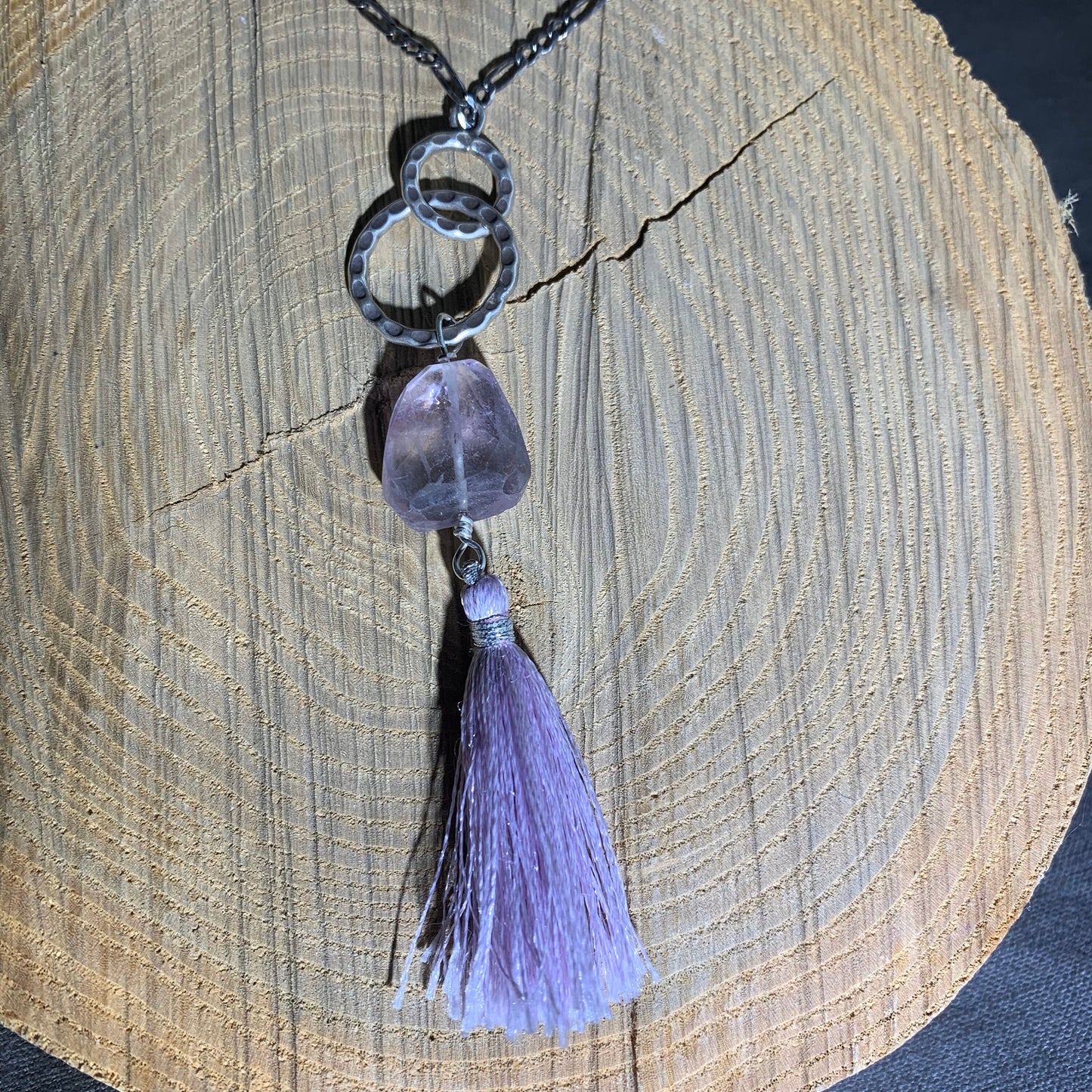 pendant, Faceted Lavender Amethyst, Lavender Tassel, Fine Silver links, Sterling Figaro chain, boho jewelry, Gift idea, Gender Neutral