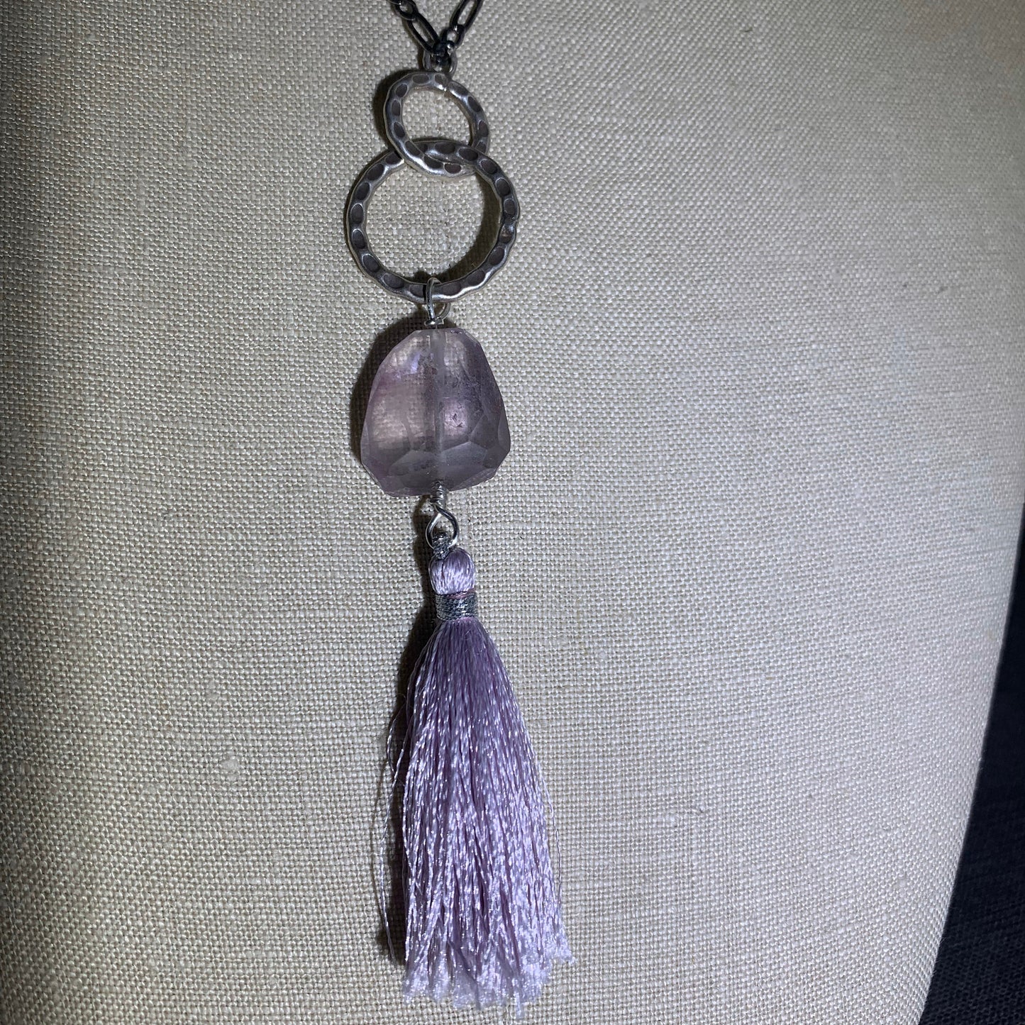 pendant, Faceted Lavender Amethyst, Lavender Tassel, Fine Silver links, Sterling Figaro chain, boho jewelry, Gift idea, Gender Neutral