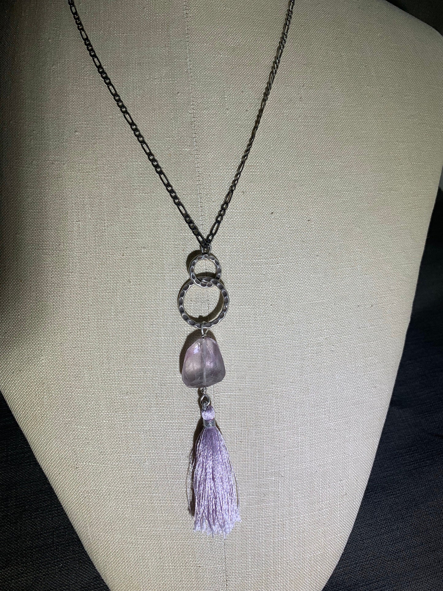 pendant, Faceted Lavender Amethyst, Lavender Tassel, Fine Silver links, Sterling Figaro chain, boho jewelry, Gift idea, Gender Neutral