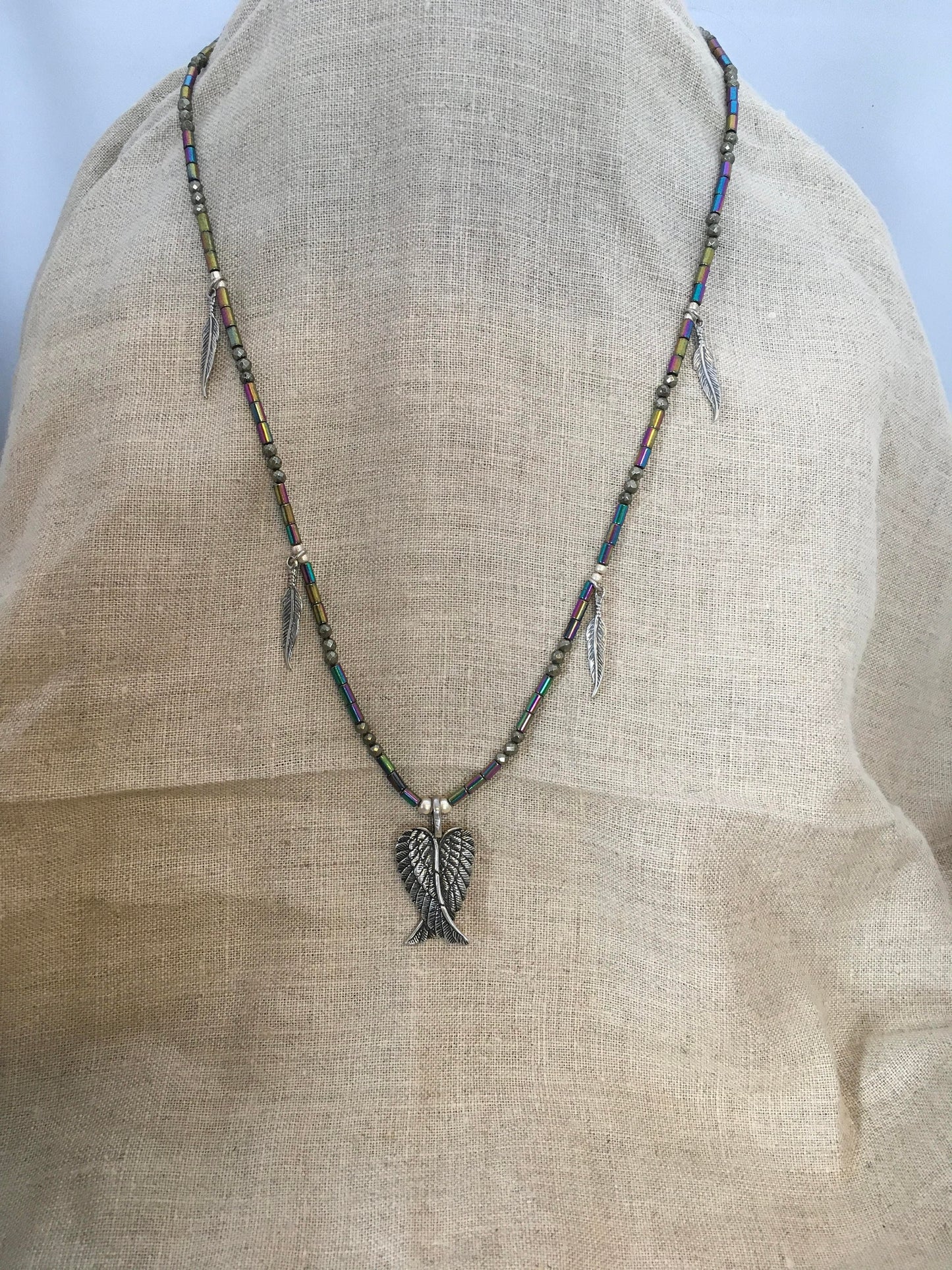 necklace "Archangel" Sterling Wings, SS Feathers, Hematite, Pyrite, Angels, Reiki charged, Angel jewelry, Gift idea, Gender neutral jewelry