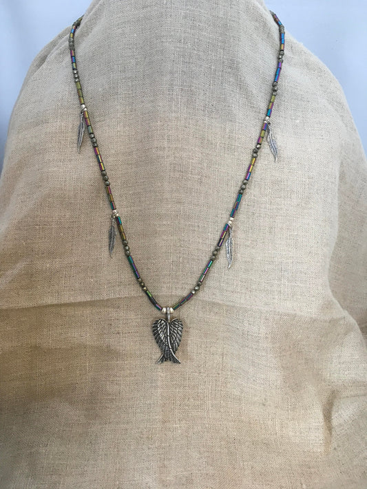 necklace "Archangel" Sterling Wings, SS Feathers, Hematite, Pyrite, Angels, Reiki charged, Angel jewelry, Gift idea, Gender neutral jewelry