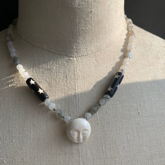 necklace "Sleeping Sister" Carved Bone Moon focal, Quartz, Labradorite, Batiked bone beads, Moon Jewelry, Gender neutral, Reiki charged