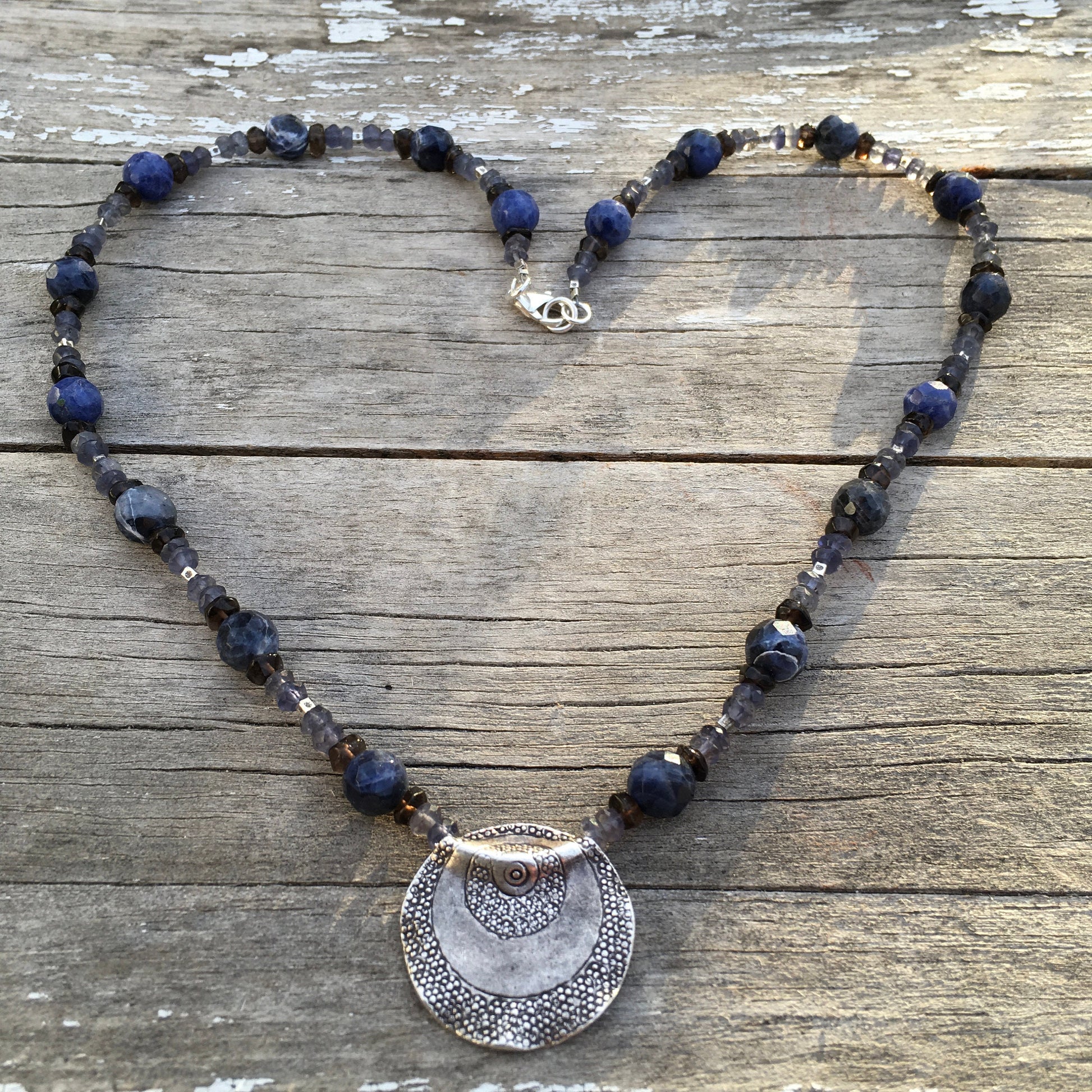 necklace "Infinite Space" Hill Tribe Silver pendant, Iolite, Sodalite, Smokey Quartz, Celestial jewelry, Gender Neutral, Reiki charged