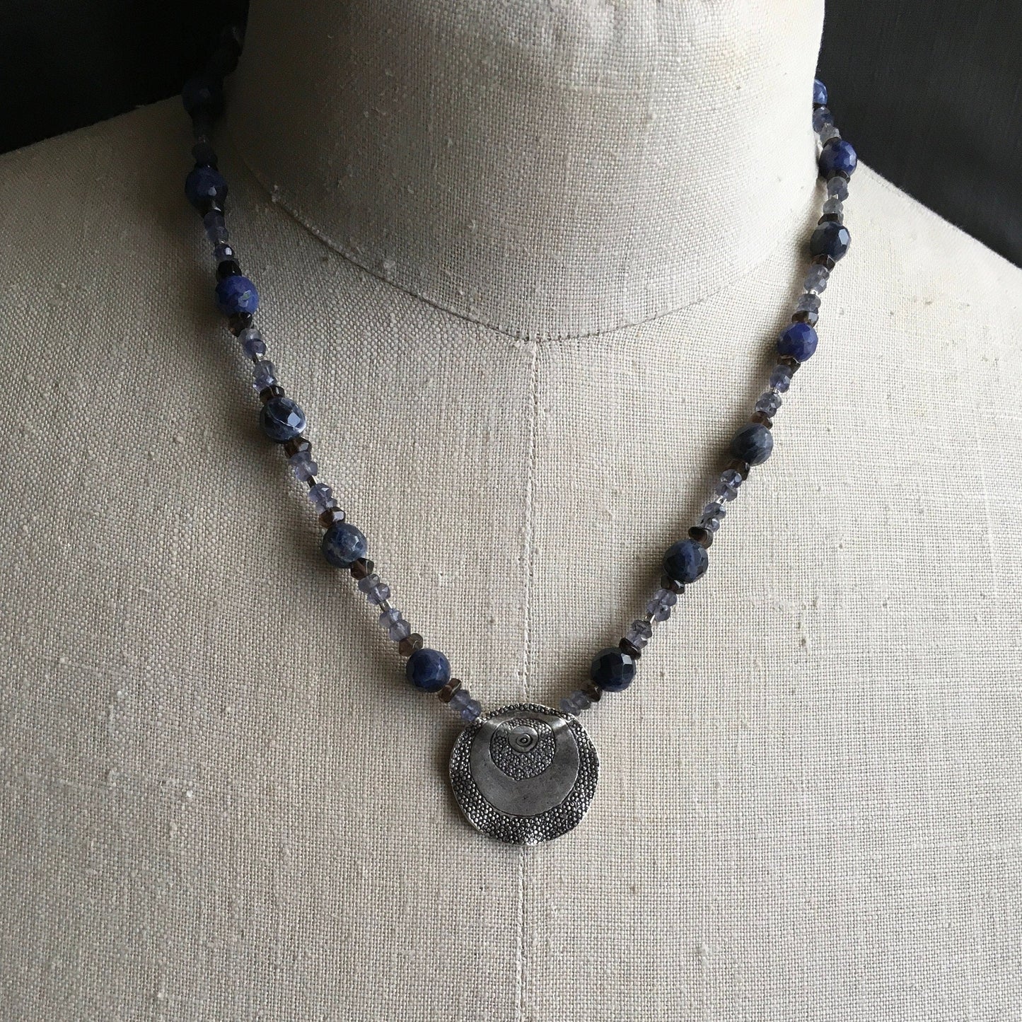 necklace "Infinite Space" Hill Tribe Silver pendant, Iolite, Sodalite, Smokey Quartz, Celestial jewelry, Gender Neutral, Reiki charged