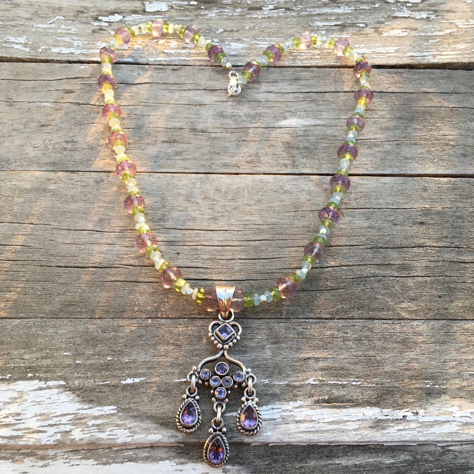 necklace "Frozen Peacock" Amethyst Chandelier pendant, Aquamarine, Peridot, Amethyst, Hill Tribe Silver, Formal jewelry, Gift idea, Wedding