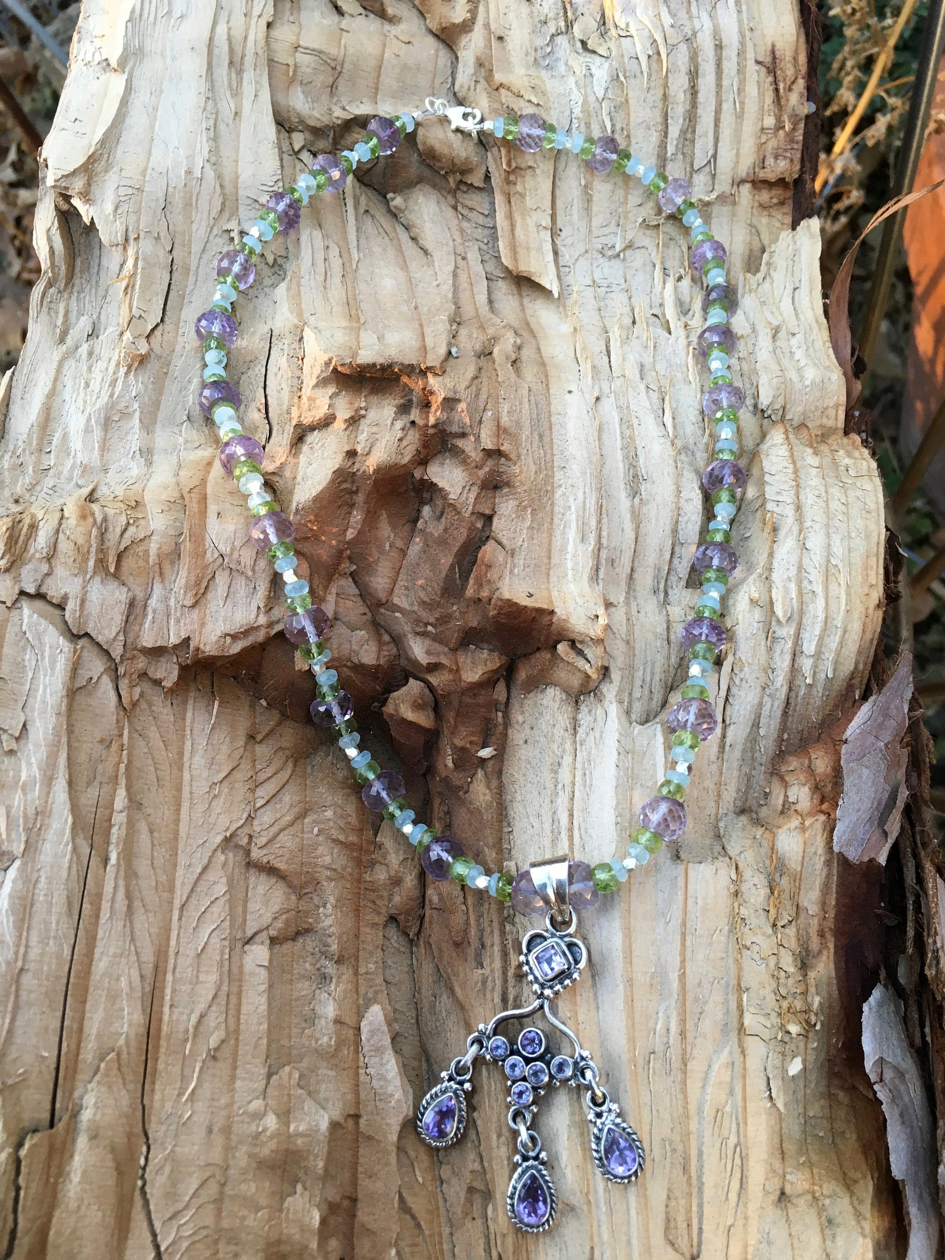 necklace "Frozen Peacock" Amethyst Chandelier pendant, Aquamarine, Peridot, Amethyst, Hill Tribe Silver, Formal jewelry, Gift idea, Wedding