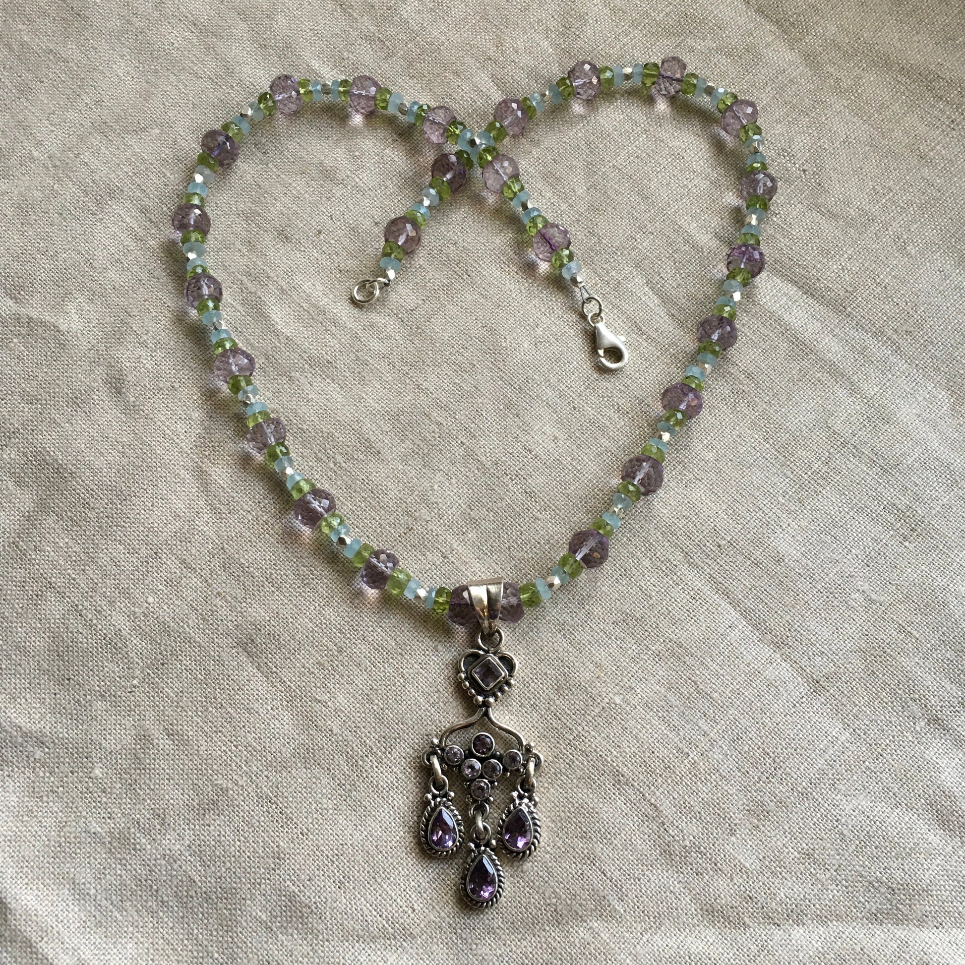 necklace "Frozen Peacock" Amethyst Chandelier pendant, Aquamarine, Peridot, Amethyst, Hill Tribe Silver, Formal jewelry, Gift idea, Wedding