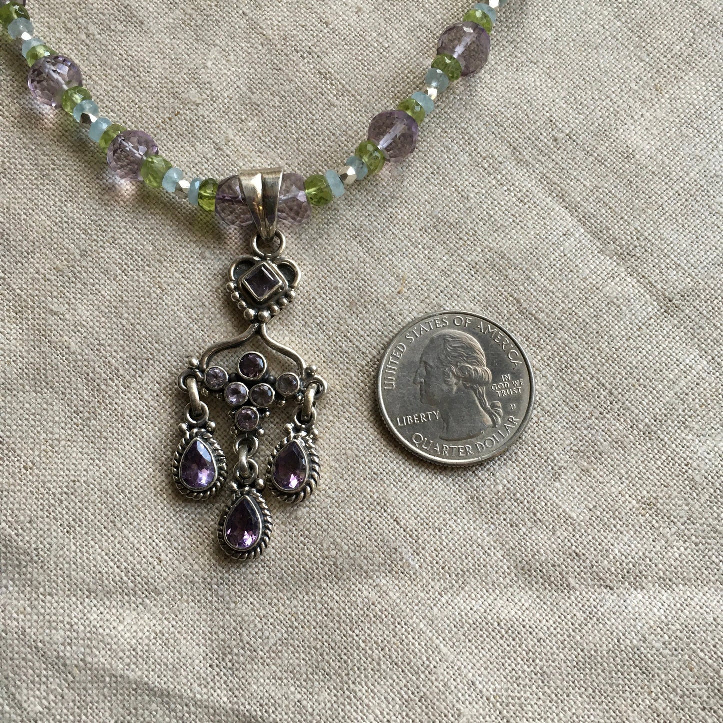 necklace "Frozen Peacock" Amethyst Chandelier pendant, Aquamarine, Peridot, Amethyst, Hill Tribe Silver, Formal jewelry, Gift idea, Wedding