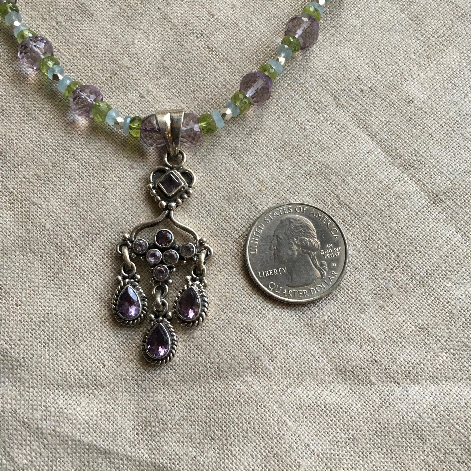 necklace "Frozen Peacock" Amethyst Chandelier pendant, Aquamarine, Peridot, Amethyst, Hill Tribe Silver, Formal jewelry, Gift idea, Wedding