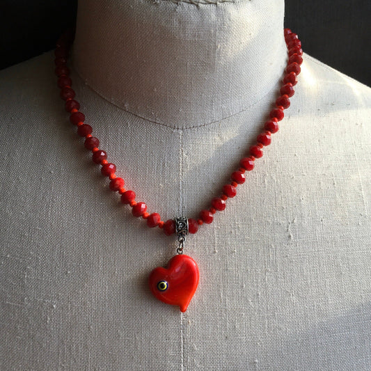 necklace "Red Hots" Murano glass Heart, faceted glass beads, Valentines Day gift, Love, Protection charm, Reiki charged, Gift idea, evil eye