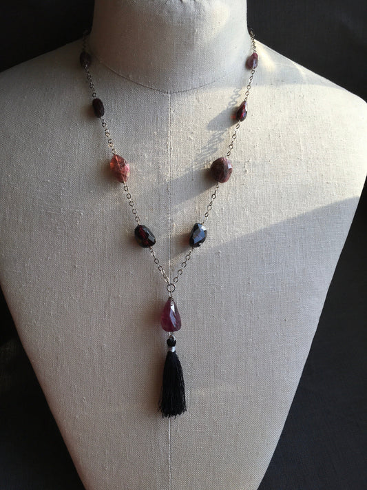 necklace "Affair of the Heart" Pink tourmaline, Garnet, Handmade Sterling Chain, Tassel pendant, Gift Idea, Reiki charged