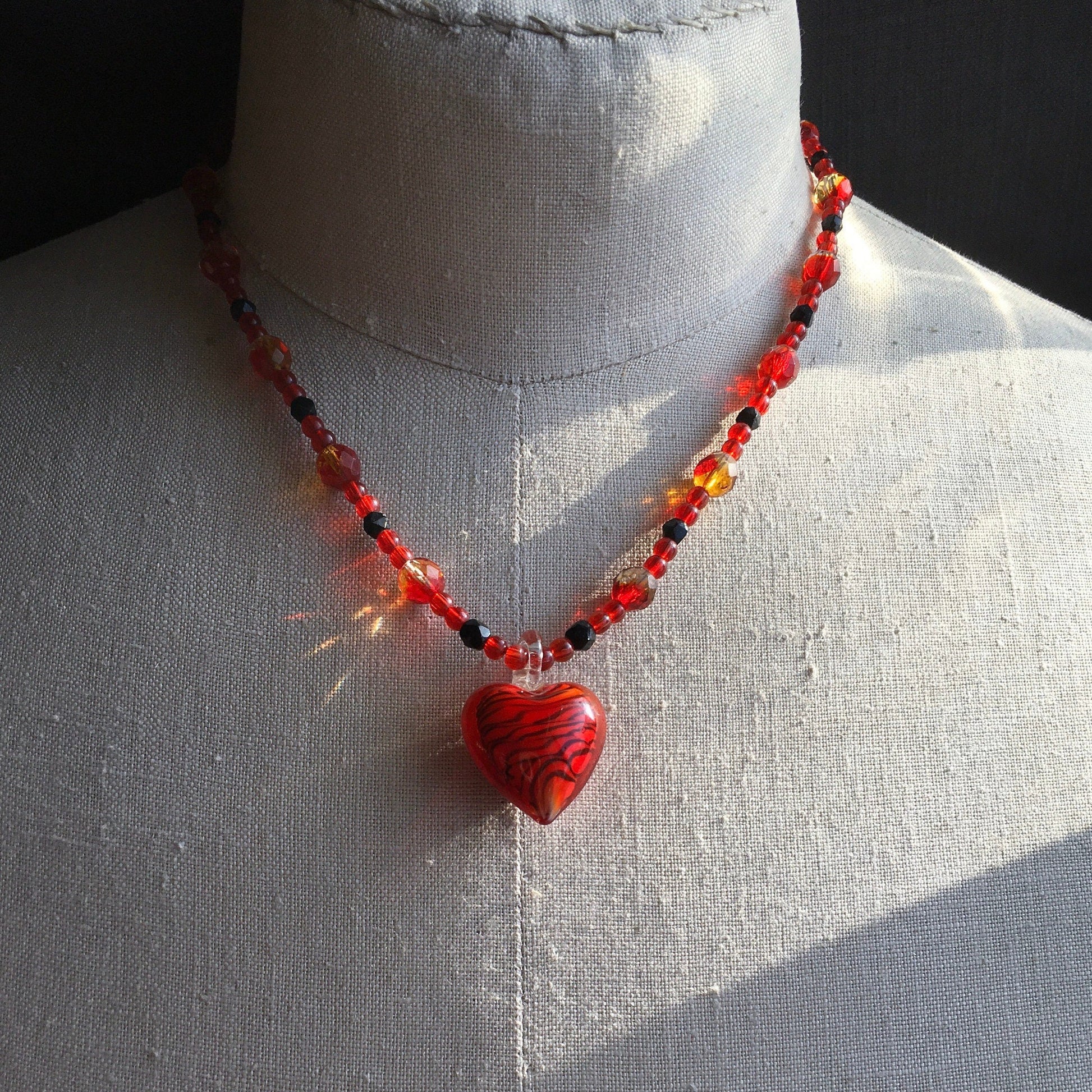 necklace "Passionately" Blown Glass Murano Heart, Gift Idea, Valentine's Day, Heart pendant, Vintage beads, Glass Crystal beads