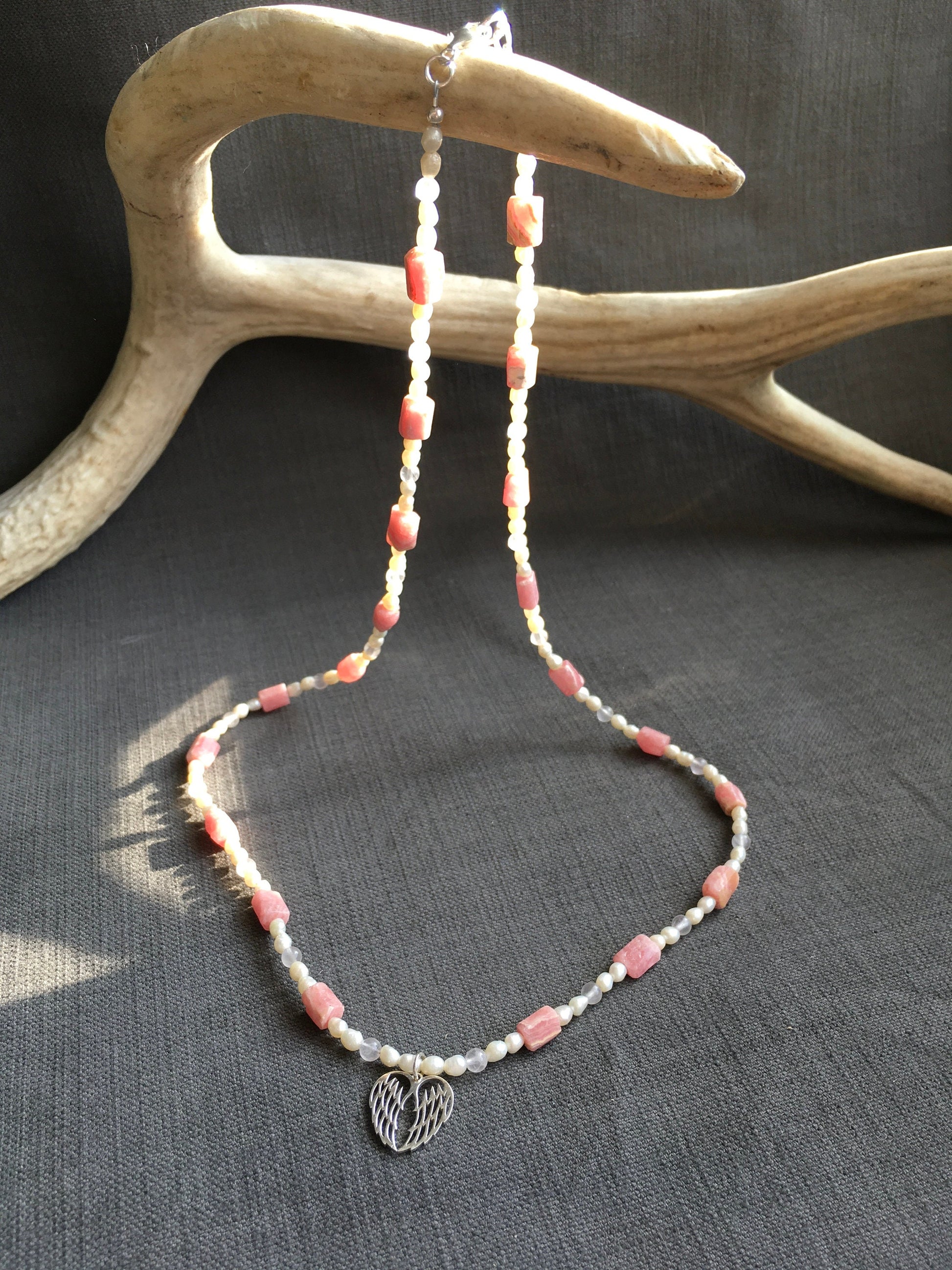 necklace "Littlest Angel" Sterling Wings, Rhodochrosite, Freshwater Pearls, Rose Quartz, Angel jewelry, Guardian Angel, Reiki Charged