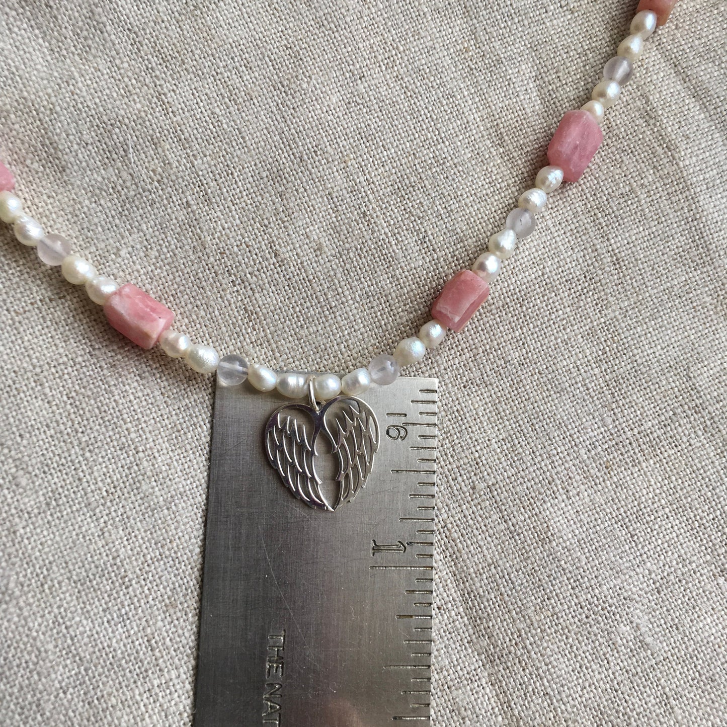 necklace "Littlest Angel" Sterling Wings, Rhodochrosite, Freshwater Pearls, Rose Quartz, Angel jewelry, Guardian Angel, Reiki Charged