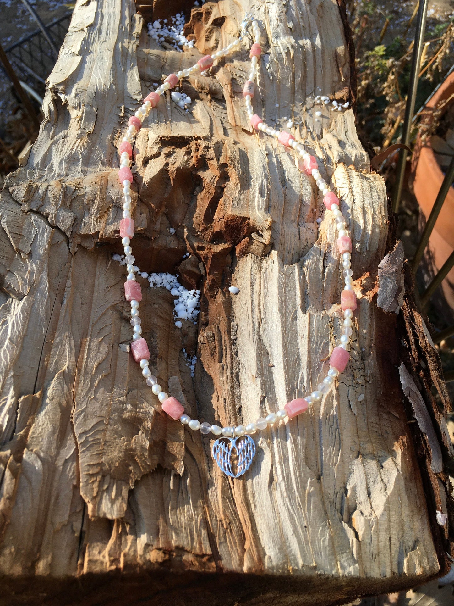 necklace "Littlest Angel" Sterling Wings, Rhodochrosite, Freshwater Pearls, Rose Quartz, Angel jewelry, Guardian Angel, Reiki Charged