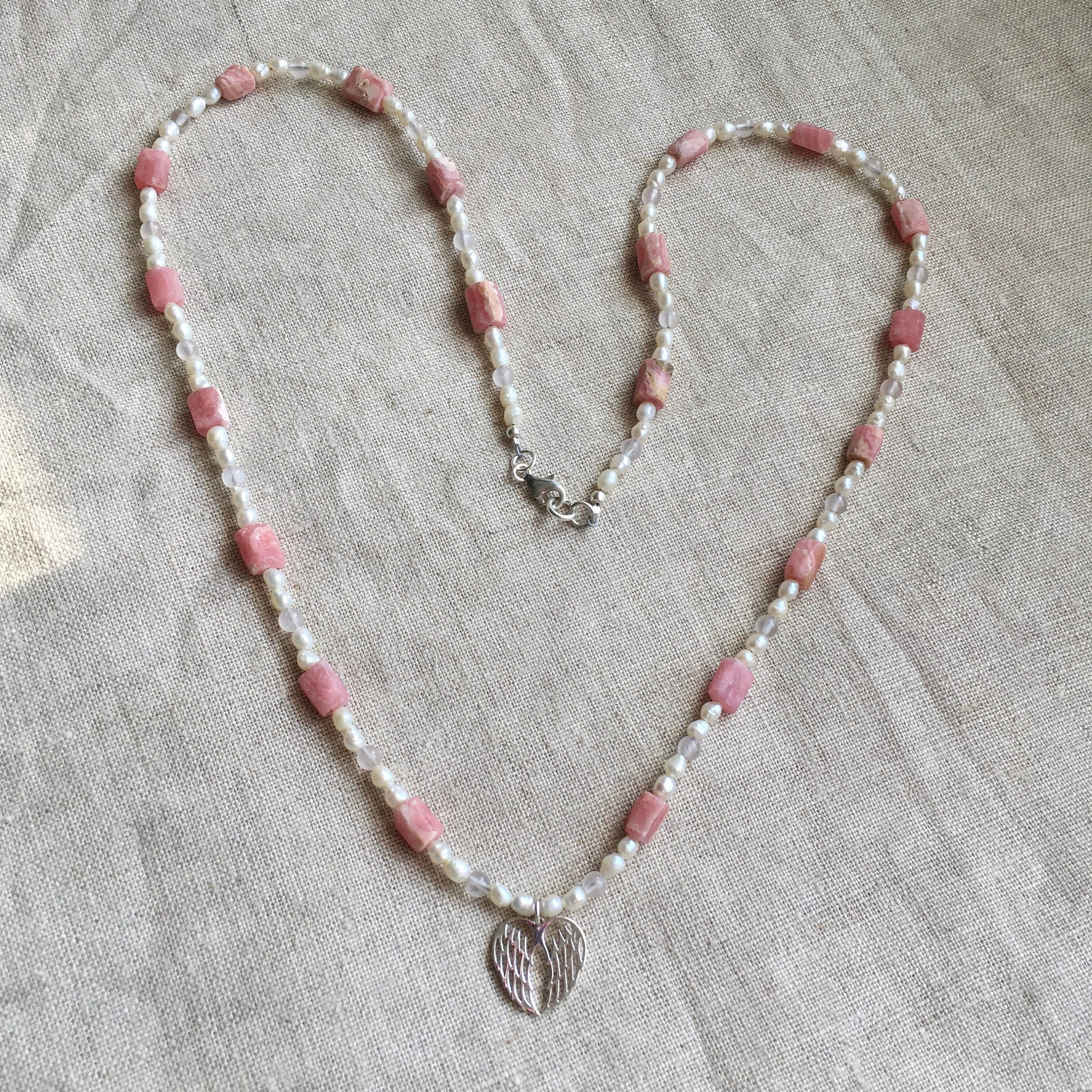 necklace "Littlest Angel" Sterling Wings, Rhodochrosite, Freshwater Pearls, Rose Quartz, Angel jewelry, Guardian Angel, Reiki Charged