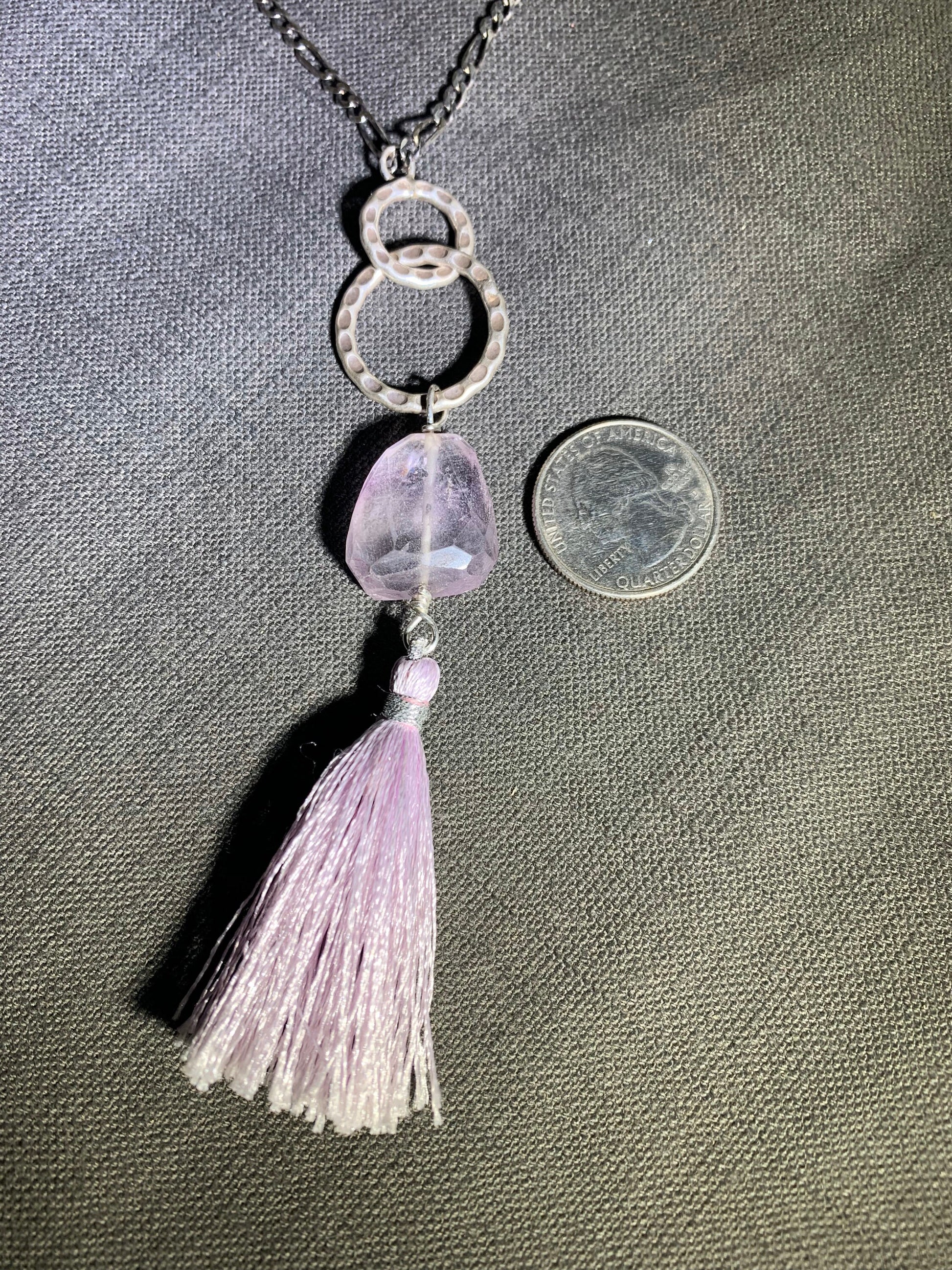 pendant, Faceted Lavender Amethyst, Lavender Tassel, Fine Silver links, Sterling Figaro chain, boho jewelry, Gift idea, Gender Neutral