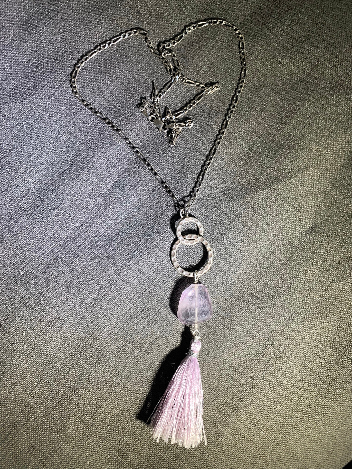 pendant, Faceted Lavender Amethyst, Lavender Tassel, Fine Silver links, Sterling Figaro chain, boho jewelry, Gift idea, Gender Neutral