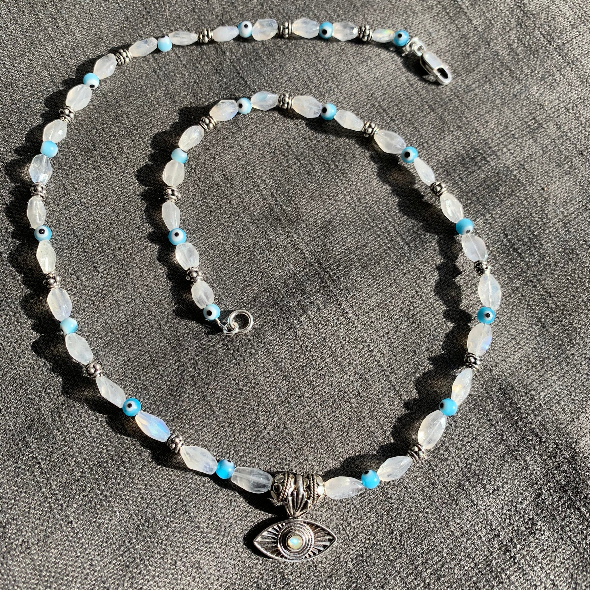 Necklace “Third Eye” sterling Eye and moonstone pendant, rainbow Moonstone, tiny Evil Eye beads, Gender Neutral, Gift Idea, Third Eye chakra