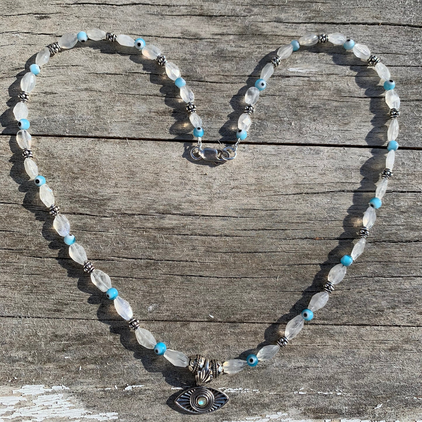 Necklace “Third Eye” sterling Eye and moonstone pendant, rainbow Moonstone, tiny Evil Eye beads, Gender Neutral, Gift Idea, Third Eye chakra