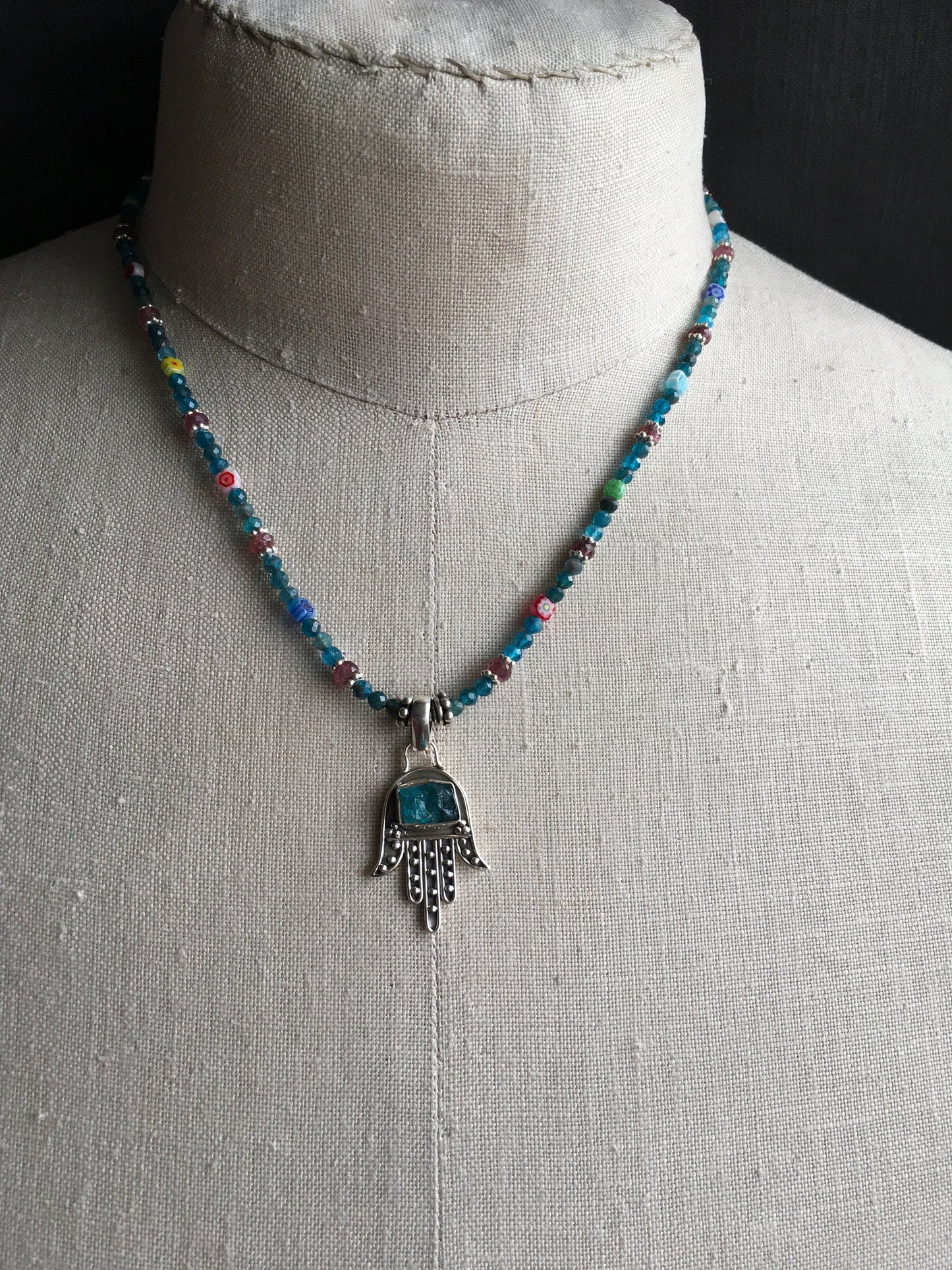 Necklace “Touching the Divine” Sterling Hamsa with Apatite pendant, Pink Tourmaline, Apatite, Millefiori beads, Spring line, Gift idea