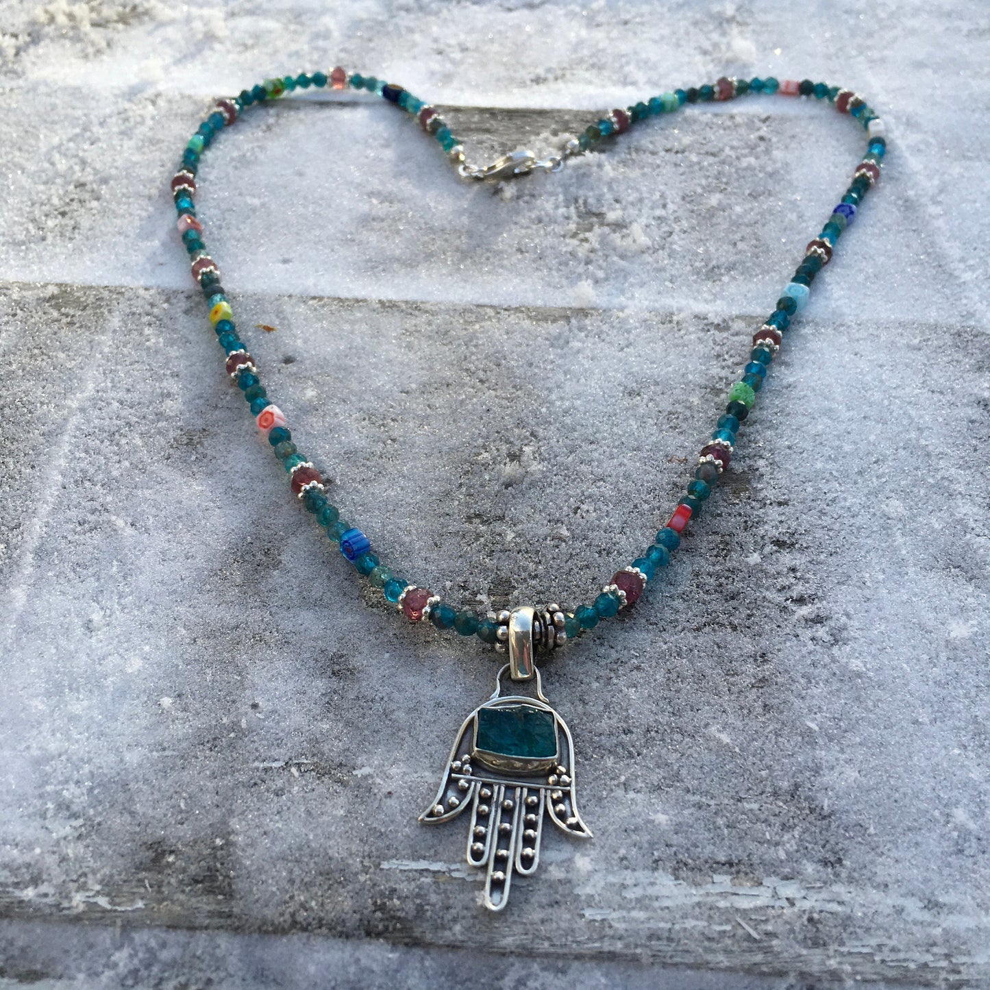 Necklace “Touching the Divine” Sterling Hamsa with Apatite pendant, Pink Tourmaline, Apatite, Millefiori beads, Spring line, Gift idea