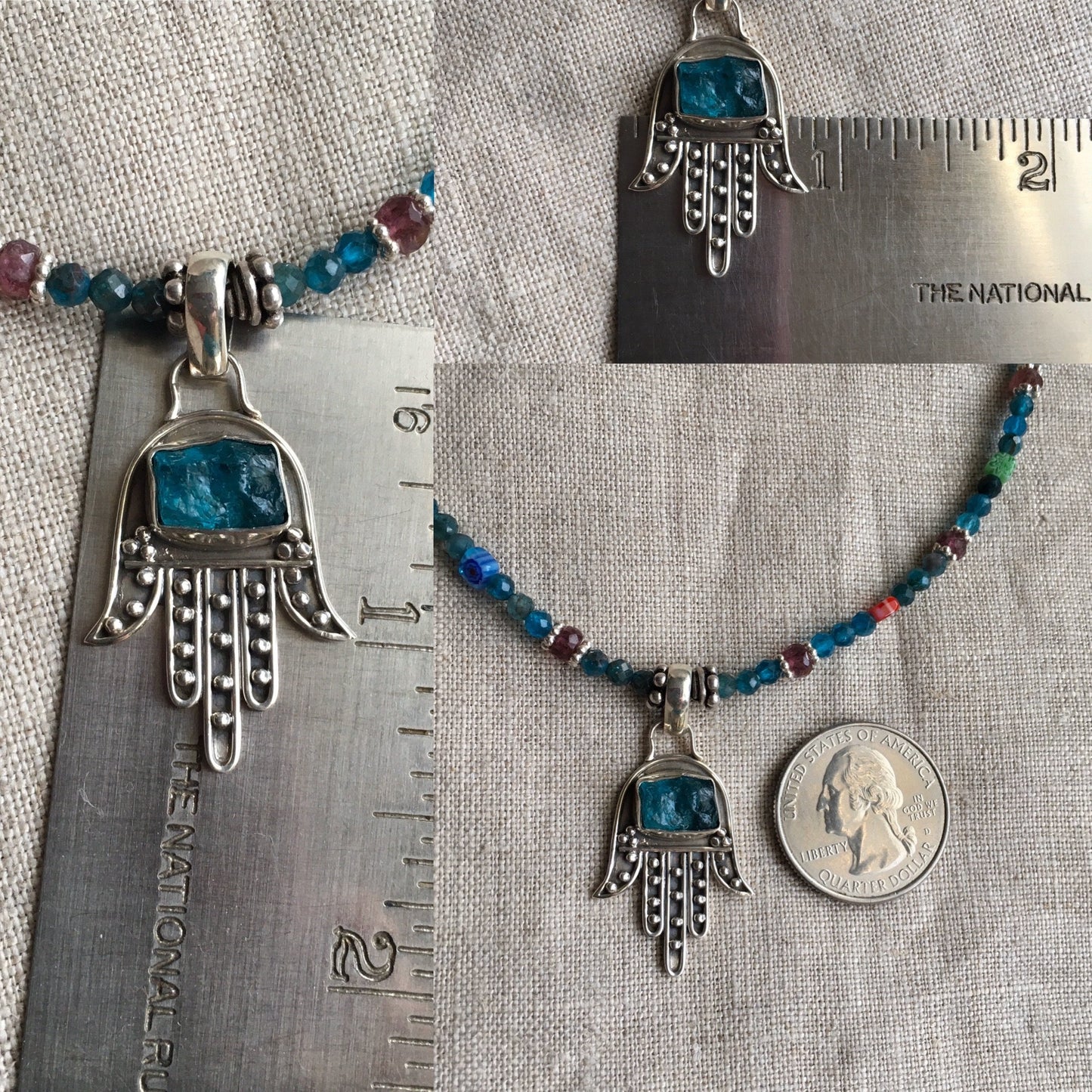 Necklace “Touching the Divine” Sterling Hamsa with Apatite pendant, Pink Tourmaline, Apatite, Millefiori beads, Spring line, Gift idea