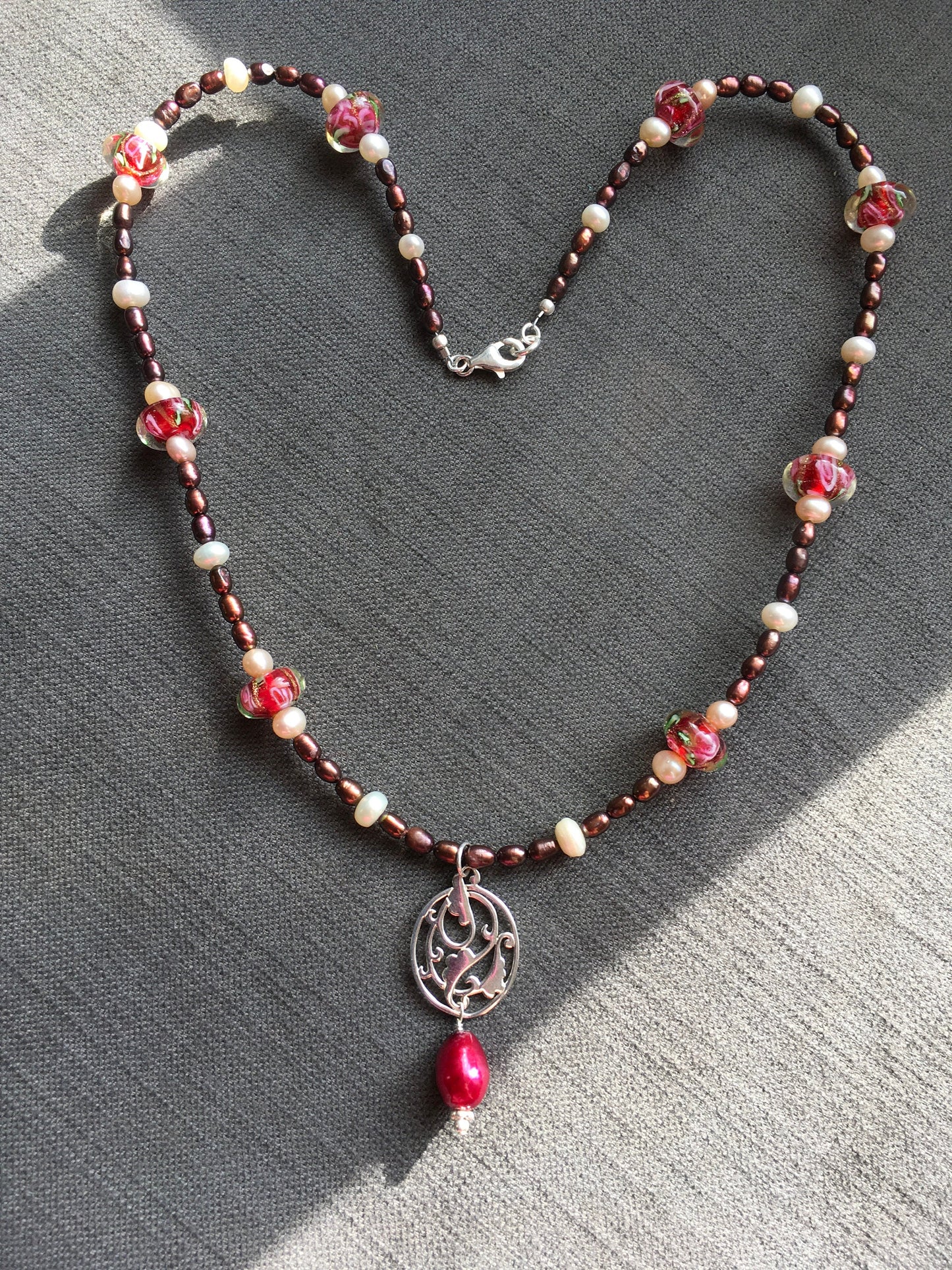 Necklace “Romance in Red” Sterling with pearl pendant, Vintage glass beads, Pearls, Wedding jewelry, Prom, Bridal necklace, Gift Idea