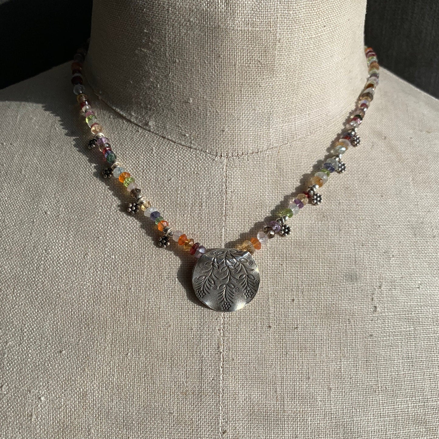 Necklace “Flower Garden “ Hill Tribe Silver Floral pendant, Sterling flowers, Semi-precious stones, Spring line, Gift idea, Bridal jewelry