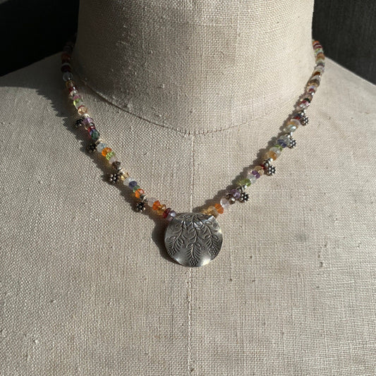 Necklace “Flower Garden “ Hill Tribe Silver Floral pendant, Sterling flowers, Semi-precious stones, Spring line, Gift idea, Bridal jewelry