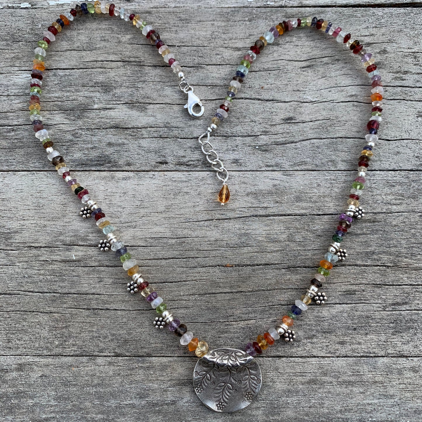 Necklace “Flower Garden “ Hill Tribe Silver Floral pendant, Sterling flowers, Semi-precious stones, Spring line, Gift idea, Bridal jewelry