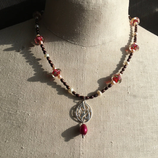 Necklace “Romance in Red” Sterling with pearl pendant, Vintage glass beads, Pearls, Wedding jewelry, Prom, Bridal necklace, Gift Idea