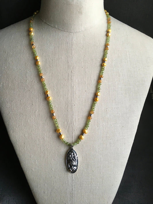 Necklace “Dandelion” Sterling flower with citrine pendant, Green Garnet, Citrine, Pearls, Hill Tribe Silver, Spring jewelry, Flora jewelry