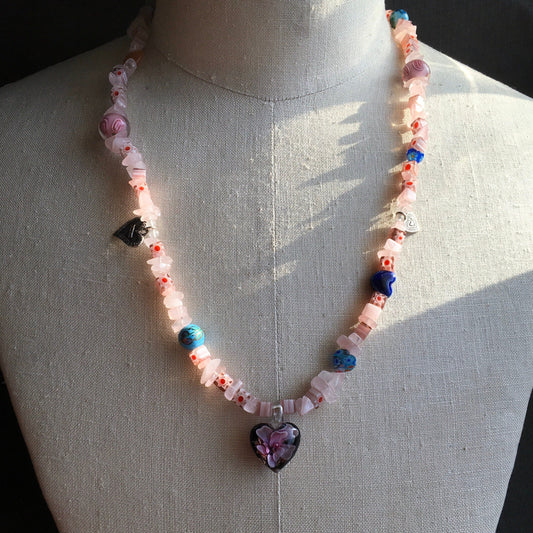 necklace "Plant Your Own Garden" Murano Heart pendant, Rose Quartz, Millefiori beads, Heart Charms, Gender Neutral jewelry, Valentines Day