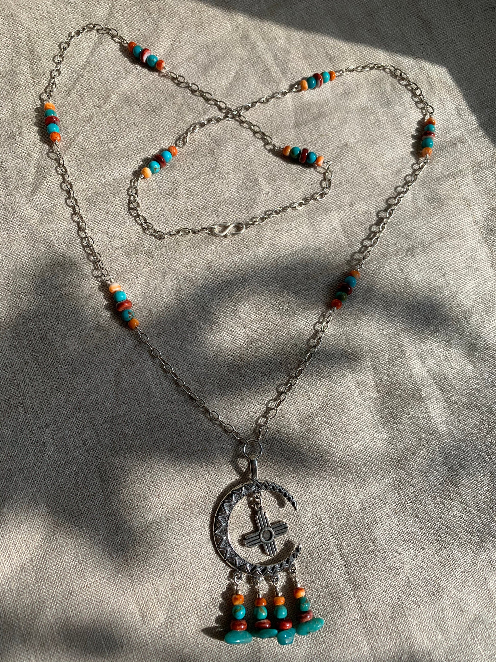 necklace "Moon Rise over New Mexico" Campitos Turquoise, Red & Orange Spiny Oyster, SS Moon, Zia, Handmade chain links, Ode to Albuquerque