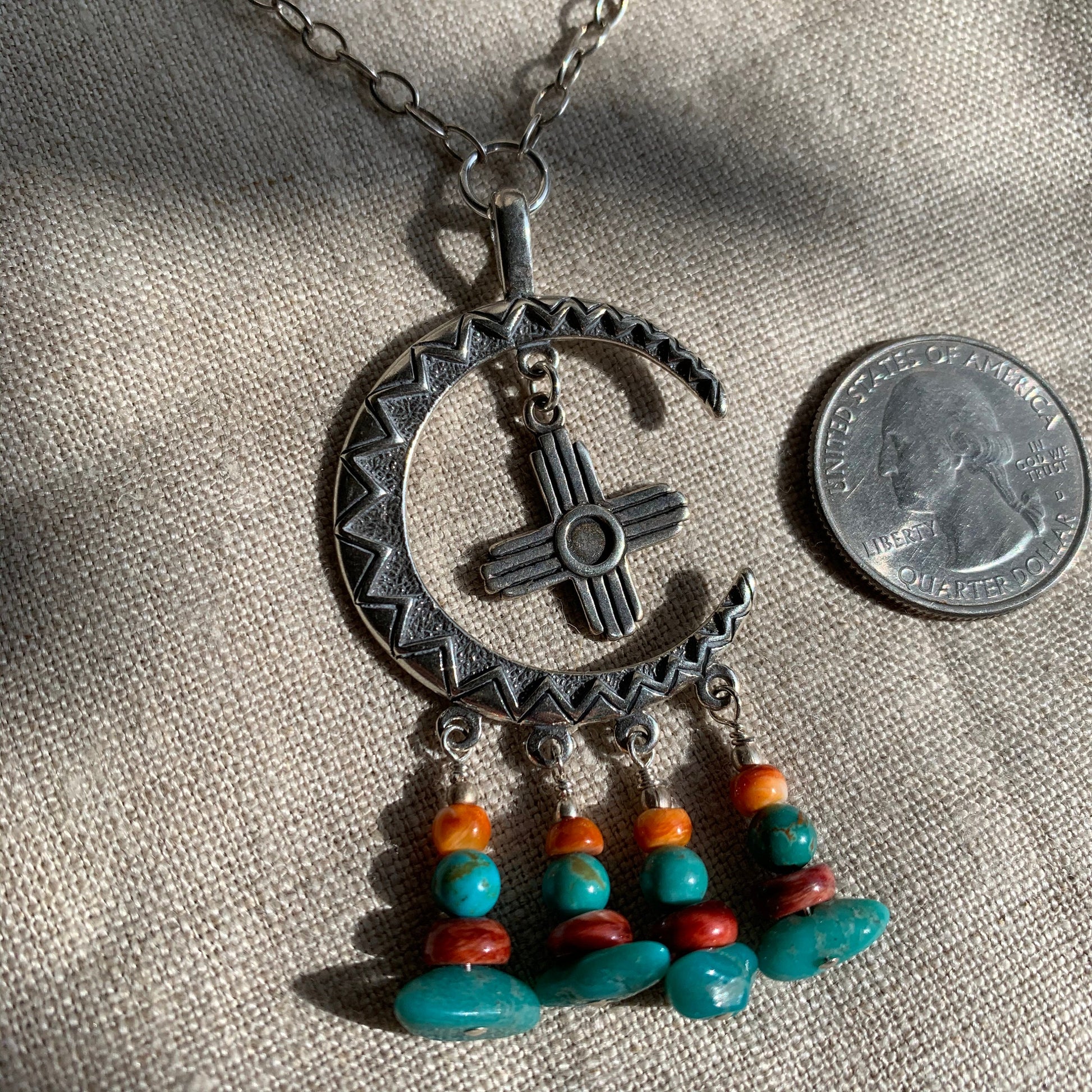 necklace "Moon Rise over New Mexico" Campitos Turquoise, Red & Orange Spiny Oyster, SS Moon, Zia, Handmade chain links, Ode to Albuquerque