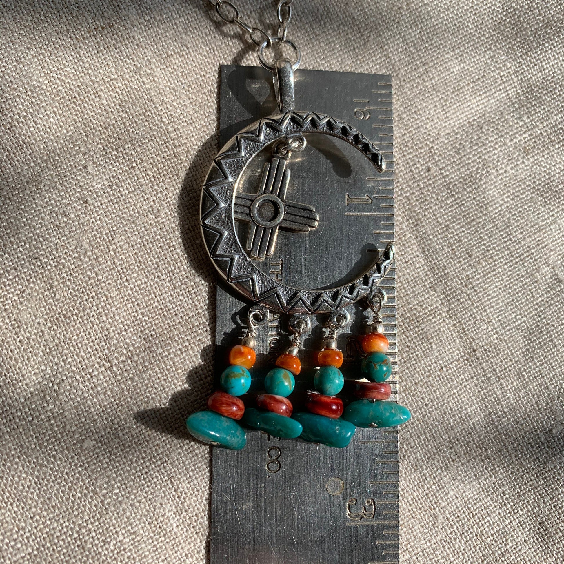 necklace "Moon Rise over New Mexico" Campitos Turquoise, Red & Orange Spiny Oyster, SS Moon, Zia, Handmade chain links, Ode to Albuquerque