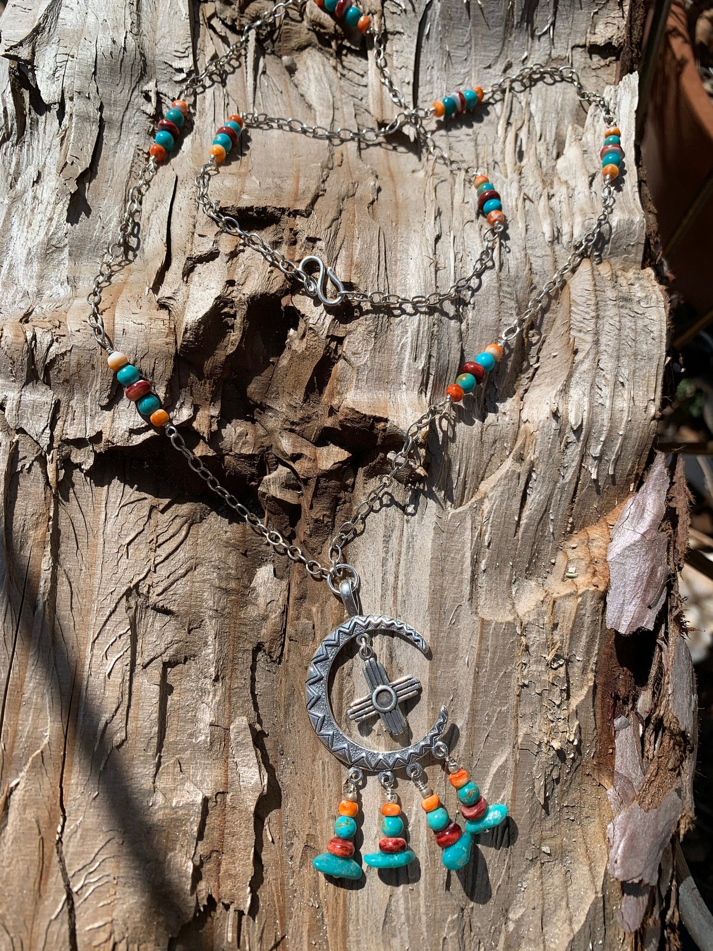 necklace "Moon Rise over New Mexico" Campitos Turquoise, Red & Orange Spiny Oyster, SS Moon, Zia, Handmade chain links, Ode to Albuquerque