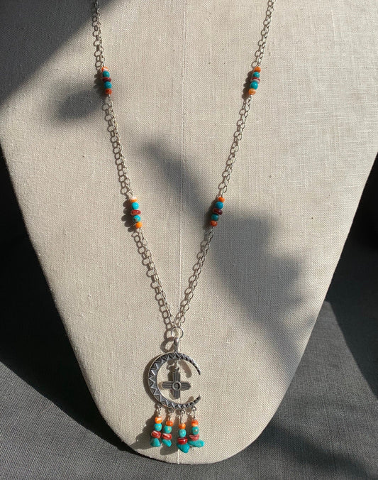 necklace "Moon Rise over New Mexico" Campitos Turquoise, Red & Orange Spiny Oyster, SS Moon, Zia, Handmade chain links, Ode to Albuquerque